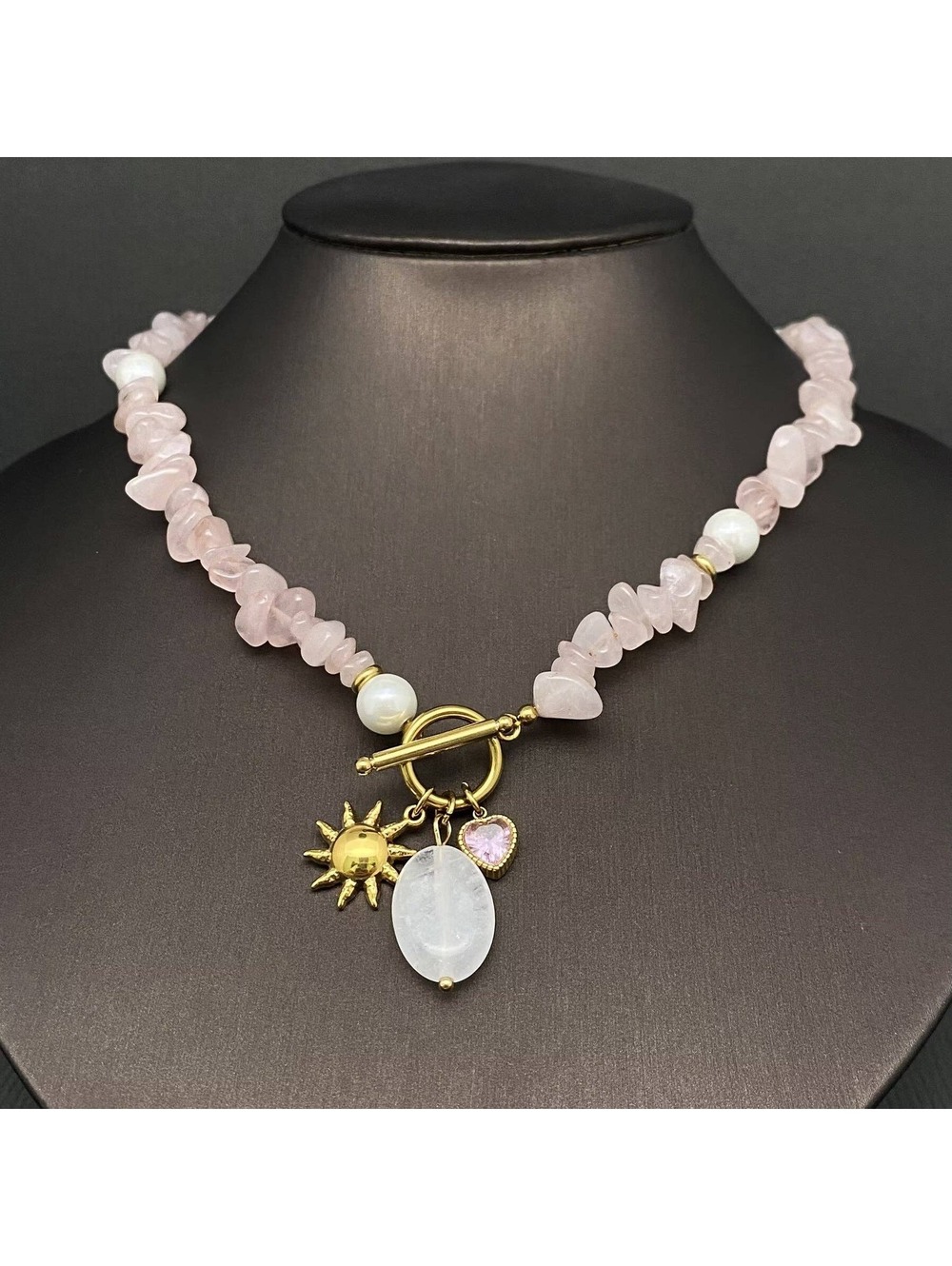 Rose Quartz Chip Necklace with Sun and Heart Charms
